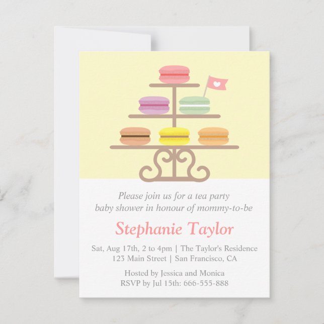 Invitación Postre Macarón, Té de Cumpleaños para Baby Shower, (Anverso)