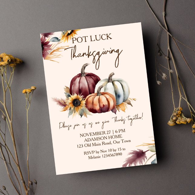 Invitación Pot Luck Thankde boho calabazas girasoles (Pot Luck Thanksgiving dinner party template invitation digital download boho pumpkins sunflowers )