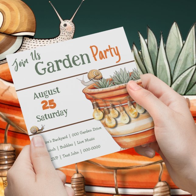Invitación Pota de terracota con caracol en el Fiesta del jar (House warming birthday garden party customizable invitation with cute plants and bugs. )