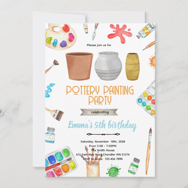 Invitación Pottery Painting party theme invitation  (Anverso)