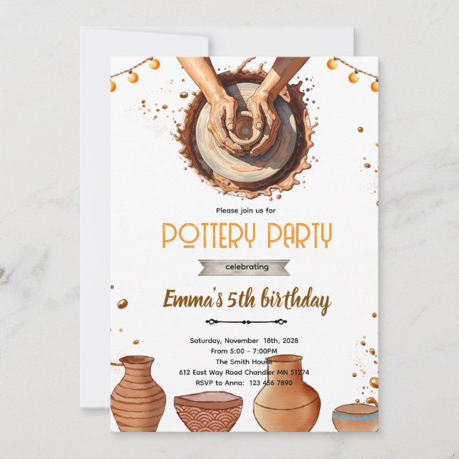 Invitación Pottery party theme invitation  (Anverso)