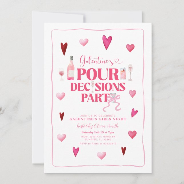 Invitación Pour Decisions Pour Pink Galentine Chica Fiesta (Anverso)