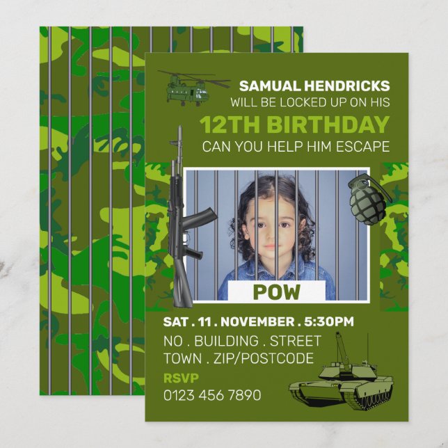 Invitación POW, sala de escape con temas de guerra, fiesta de (Anverso / Reverso)