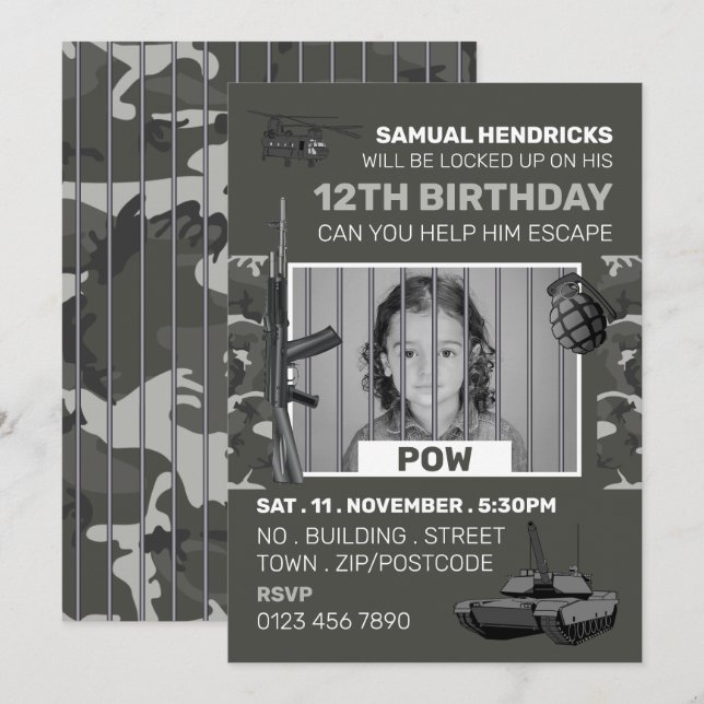 Invitación POW, sala de escape con temas de guerra, fiesta de (Anverso / Reverso)