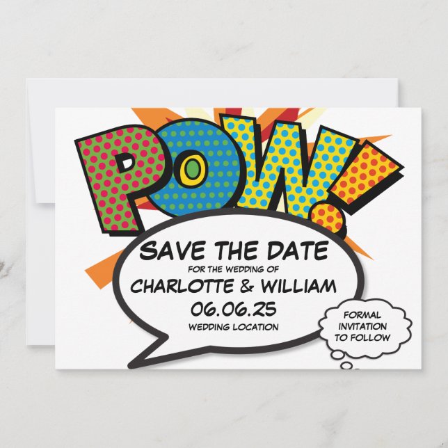 Invitación POW Salva la Fecha Diversión Retro Arte Pop Cómic (Anverso)