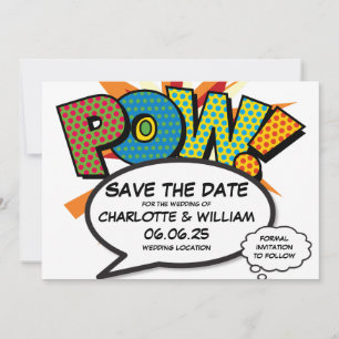 Invitación POW Salva la Fecha Diversión Retro Arte Pop Cómic