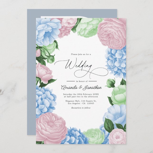 Invitación Powder Blue, Blush Pink/Light Sage Floral Wedding (Anverso / Reverso)