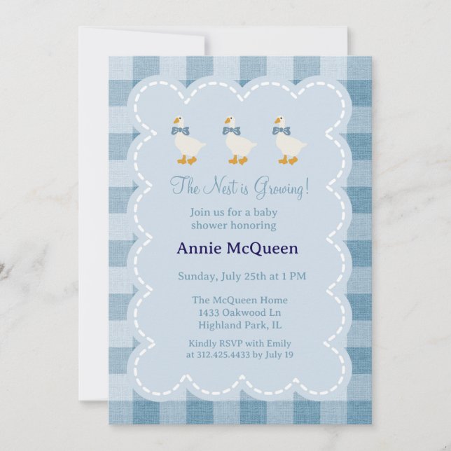 Invitación Powder Blue Gingham Goose Baby Shower Invitation (Anverso)