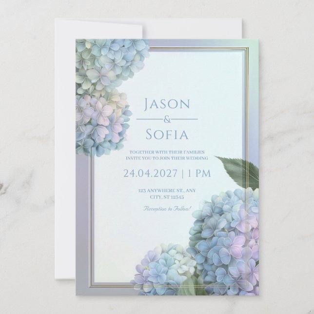 Invitación Powder Blue Lavender Hydrangea Gold Frame Wedding (Anverso)