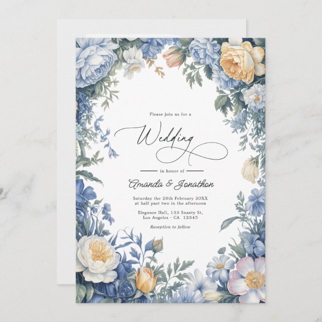 Invitación Powder Blue, Lemon Chiffon & Soft White Wedding (Anverso / Reverso)