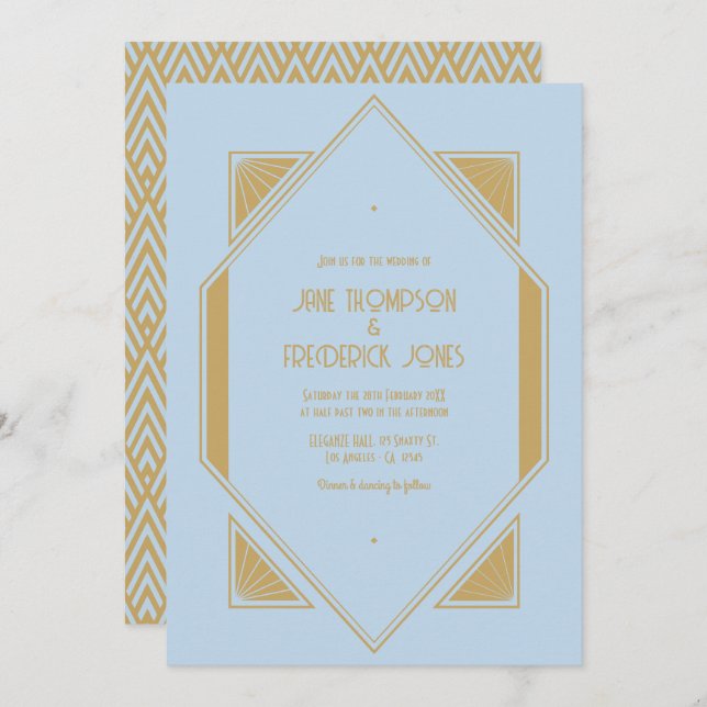 Invitación Powder Blue & Metallic Gold Art Deco Wedding Photo (Anverso / Reverso)