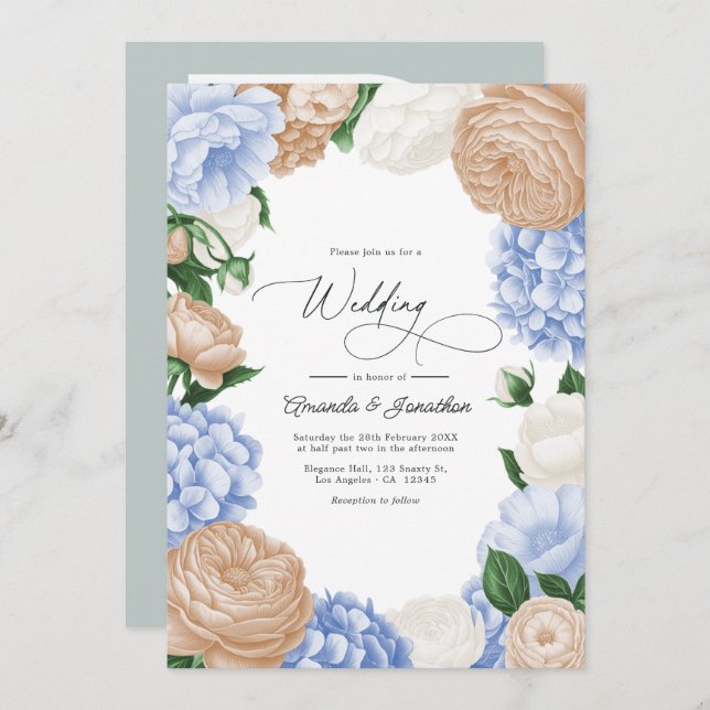 Invitación Powder Blue, Sand Beige & White Floral Wedding (Anverso / Reverso)