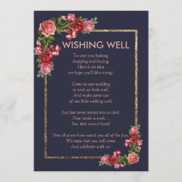 Invitación Pozo de los Deseos Azul Marino Rosado Floral Dorad