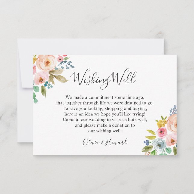 Invitación Pozo de los Deseos de Boda Floral Acuarela Pastel (Anverso)