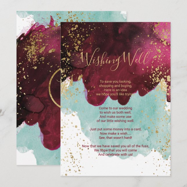 Invitación Pozo de los Deseos Dorado Acuarela Rojo Marsala Ve (Anverso / Reverso)