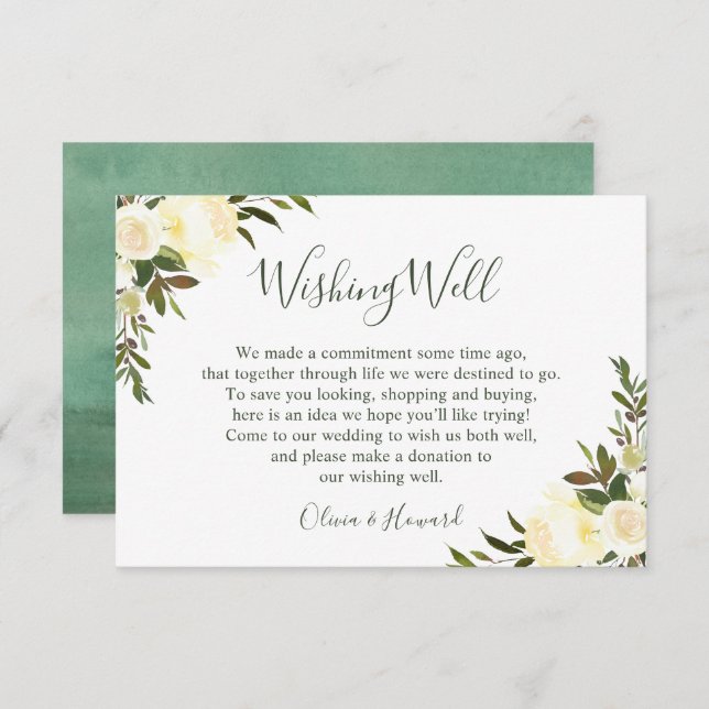 Invitación Pozo de los Deseos Floral Acuarela Verde (Anverso / Reverso)