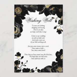 Invitación Pozo de los Deseos Floral Negro con Acento Dorado