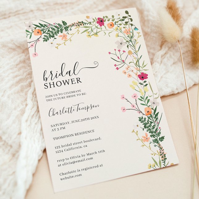 Invitación Pradera bohemia flores silvestres primavera ducha  (Bohemian meadow wild flowers spring bridal shower invitation)