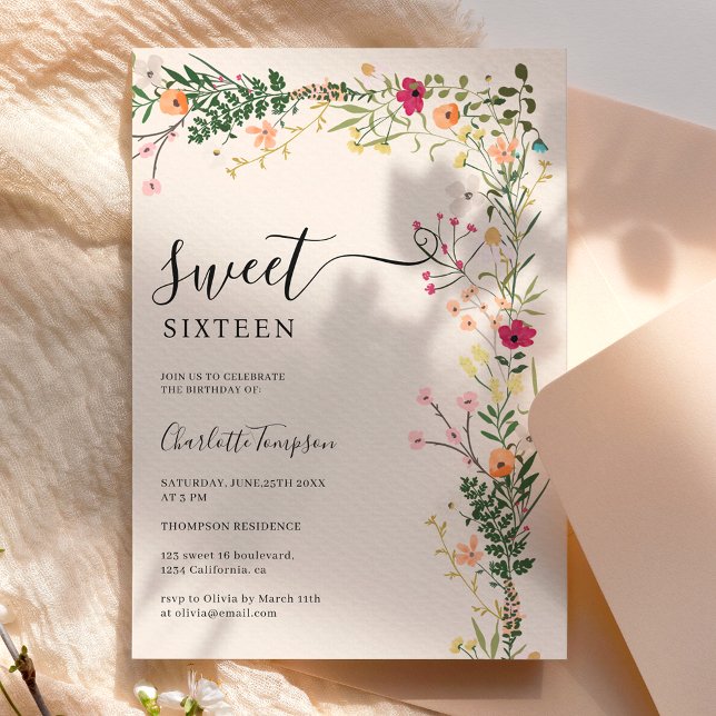 Invitación Pradera bohemia flores silvestres primavera dulce  (Bohemian meadow wild flowers spring sweet 16 invitation)