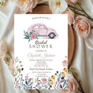 Invitación Pradera de flores silvestres, auto rosa, ducha de