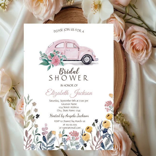 Invitación Pradera de flores silvestres, auto rosa, ducha de  (Subido por el creador)