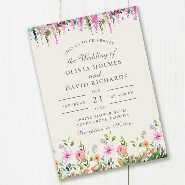 Invitación Pradera de flores silvestres bohemio y boda de aca (Boho Wildflower Meadow and Acacia Wedding Invitation on wooden table.)