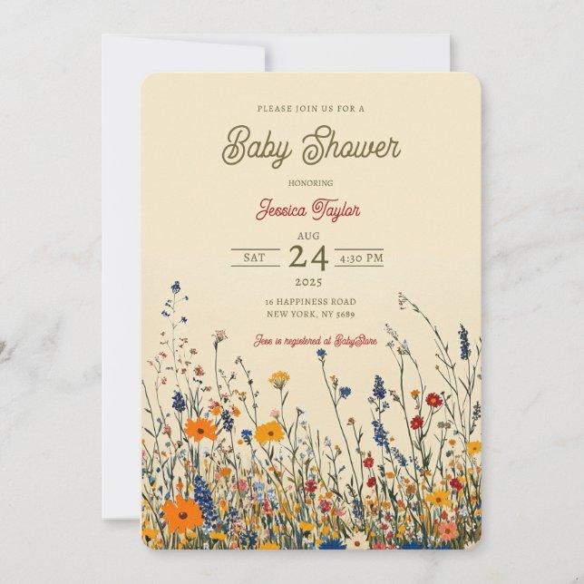 Invitación Pradera de flores silvestres Boho Baby Shower (Anverso)