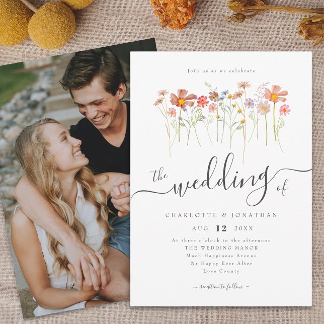 Invitación Pradera de Flores Silvestres Escritura Boho Elegan (Wildflower meadow boho floral photo Wedding invitation elegant script watercolor fall colors)