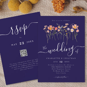 Invitación Pradera de flores silvestres Floral Azul Marino y 