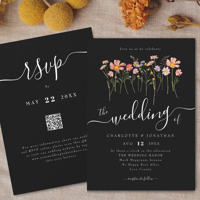 Invitación Pradera de flores silvestres Floral Negro y Blanco (Wildflower meadow boho floral black and white Wedding qr code invitation watercolor Fall colors)