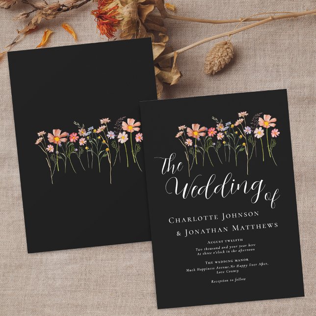 Invitación Pradera de Flores Silvestres Letra Elegante Blanco (Wildflower meadow fall floral black and white Wedding invitation Elegant script watercolor flowers)