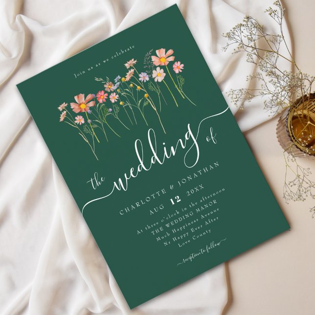 Invitación Pradera de flores silvestres letra elegante verde (Wildflower meadow boho floral green fall Wedding Watercolor flowers fall colors elegant script)