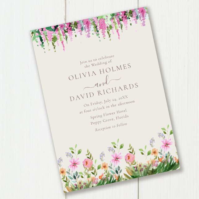 Invitación Pradera de flores silvestres románticas con boda d (Romantic Wildflowers Meadow with Acacia Wedding Invitation on wooden table.)