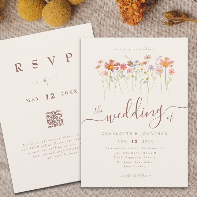 Invitación Pradera de flores silvestres Terracota beige códig (Boho WILDFLOWER MEADOW BOHO FLORAL BEIGE WEDDING QR CODE INVITATION whimsical elegant script )