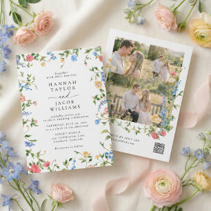 Invitación Pradera de flores silvestres tres foto RSVP boda