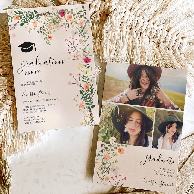 Invitación Prado bohemio flores silvestres graduación de prim (Bohemian meadow wild flowers spring graduation invitation)