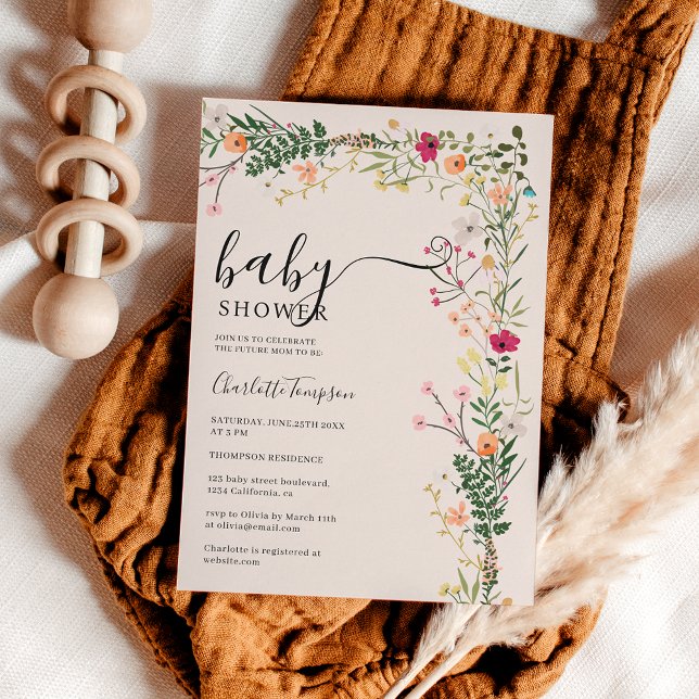 Invitación Prado bohemio flores silvestres primavera bebé duc (Bohemian meadow wild flowers spring baby shower invitation)