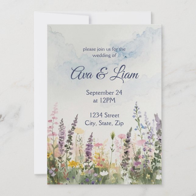 Invitación Prado de flores silvestres al acuarela | Boda rúst (Anverso)