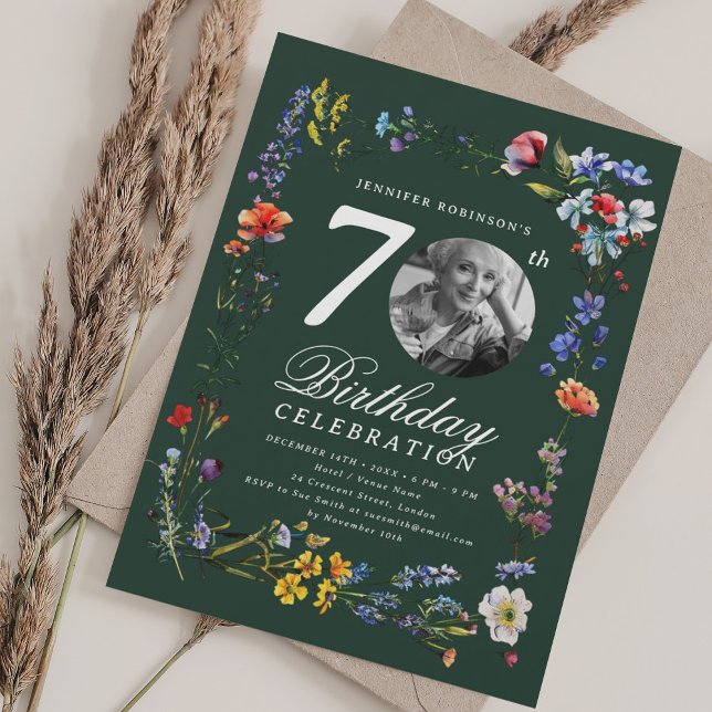 Invitación Prado de flores silvestres Foto Cumpleaños 70 años (Wildflower Meadow Photo 70th Birthday Party Green Invitation)