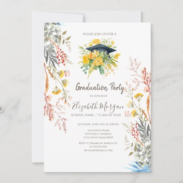 Invitación Prado de flores silvestres secas Graduación Gorra  (Anverso)