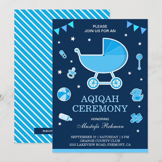 Invitación Pram azul lindo bebé Aqiqah (Anverso / Reverso)