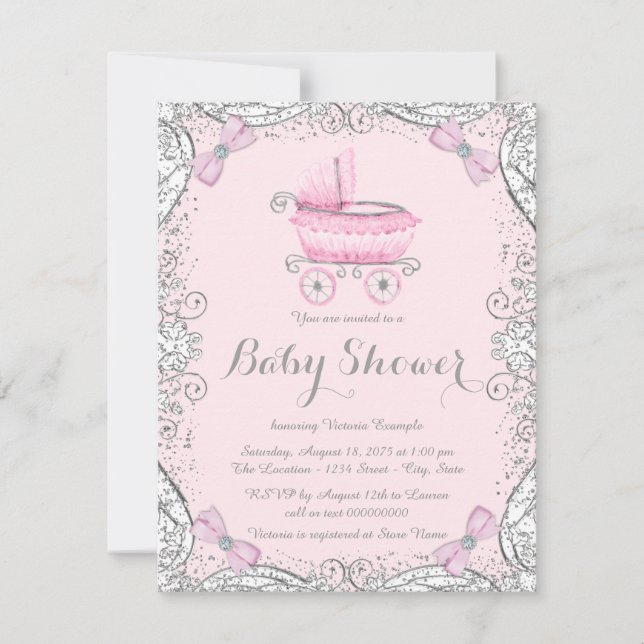 Invitación Pram Baby Shower Purpurina rosa y gris (Anverso)