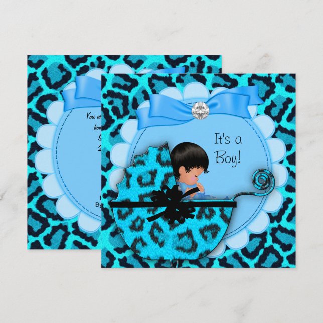 Invitación Pram de leopardo azul para bebé pequeño de Baby Sh (Anverso / Reverso)