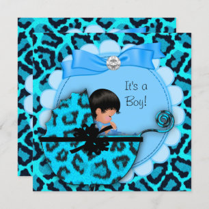 Invitación Pram de leopardo azul para bebé pequeño de Baby Sh