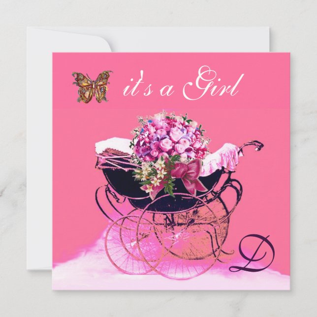 INVITACIÓN PRAM DE VENTAJA CON FLORES,BABY SHOWER DE MARIPOSA (Anverso)