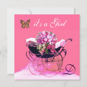 INVITACIÓN PRAM DE VENTAJA CON FLORES,BABY SHOWER DE MARIPOSA