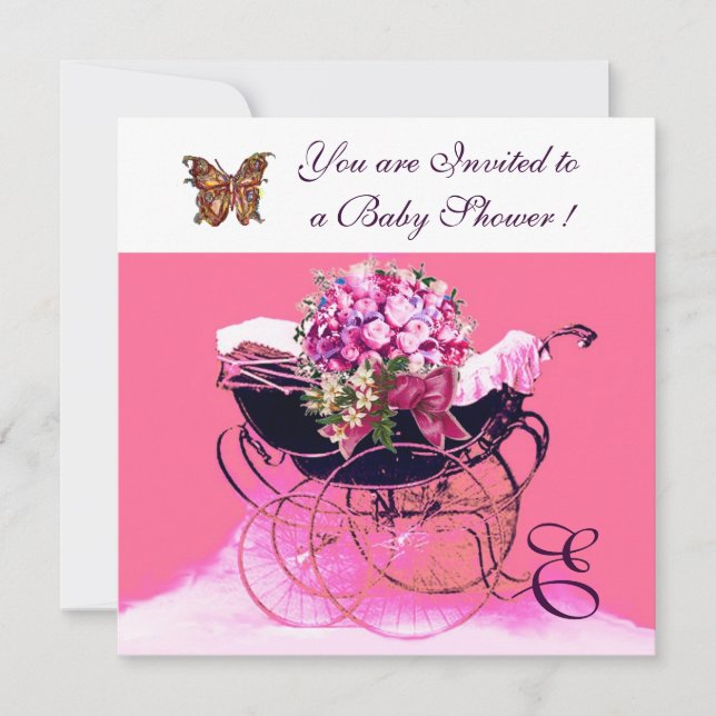 INVITACIÓN PRAM DE VENTAJA CON FLORES,BABY SHOWER DE MARIPOSA (Anverso)