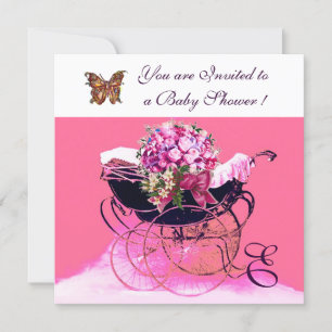 INVITACIÓN PRAM DE VENTAJA CON FLORES,BABY SHOWER DE MARIPOSA