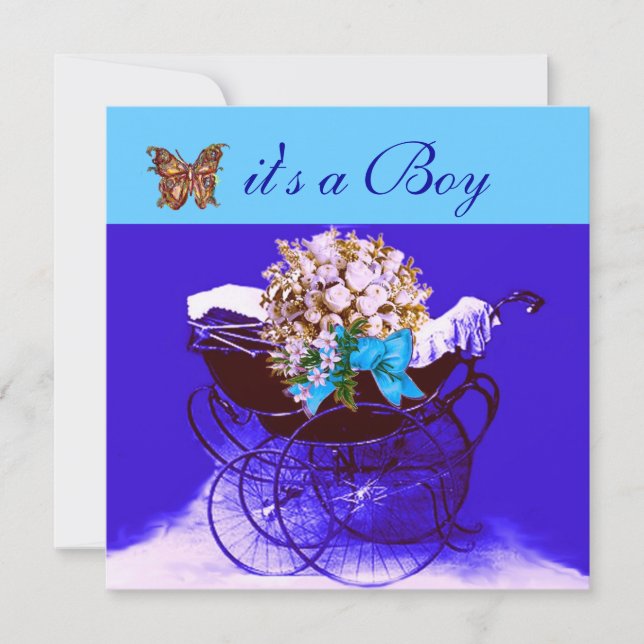 INVITACIÓN PRAM DE VENTAJA CON FLORES,BABY SHOWER DE MARIPOSA (Anverso)