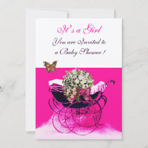 INVITACIÓN PRAM DE VENTAJA CON FLORES,BABY SHOWER DE MARIPOSA